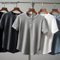 MAYCHEER เสื้อแขนสั้นขนาดใหญ่พิเศษชาย,เสื้อวาฟเฟิลใส่สบายเสื้อยืดคอกลมเสื้อแขนสั้นผู้ชายเสื้อยืดเสื้อยาวปิดถึงก้น