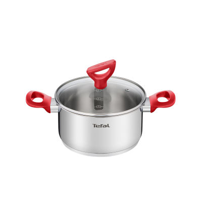 Tefal Edition Red หม้อตุ๋นสเตนเลสสตีล (18 ซม. 20 ซม. 24 ซม.) เตาอบเครื่องล้างจานปลอดภัยไม่มี PFOA เงิน