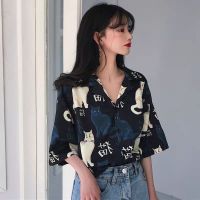 COD dhdfxcz Womens Cute Cat Pattern Blouses Casual Short Sleeve V Neck Shirt Long Sleeve Vintage Blouse Shirts Lapel Shirts Retro Turndown Collar Blouses Korean Style Casual Shirt Daily Wear Travel Beach Fashion Cartoon Blouses Tops Chiffon Shirts