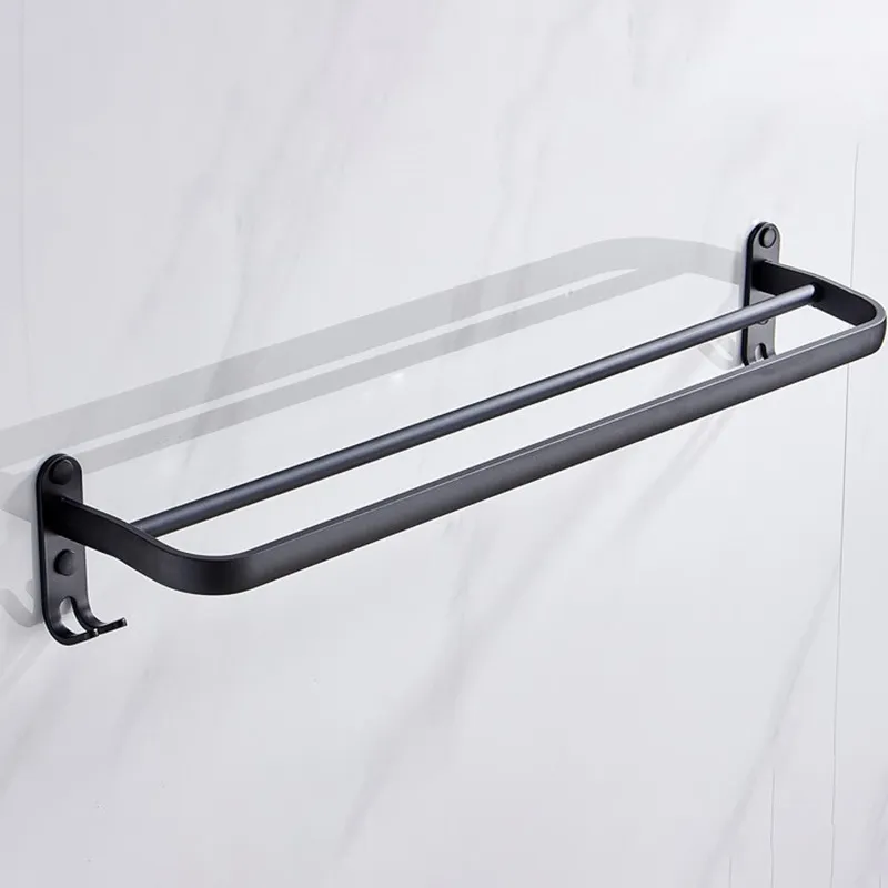 60 cm Wall Mount Black Towel Rack Aluminum Double Rod Towel Bar with Hook  for Home Hotel Bathroom Shower Accessories 