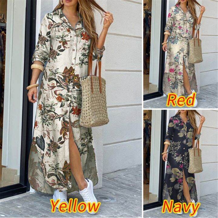 womens-fashion-floral-print-shirt-maxi-dress-sexy-v-neck-bottoned-half-sleeve-zip-up-evening-party-summer-beach-sundress