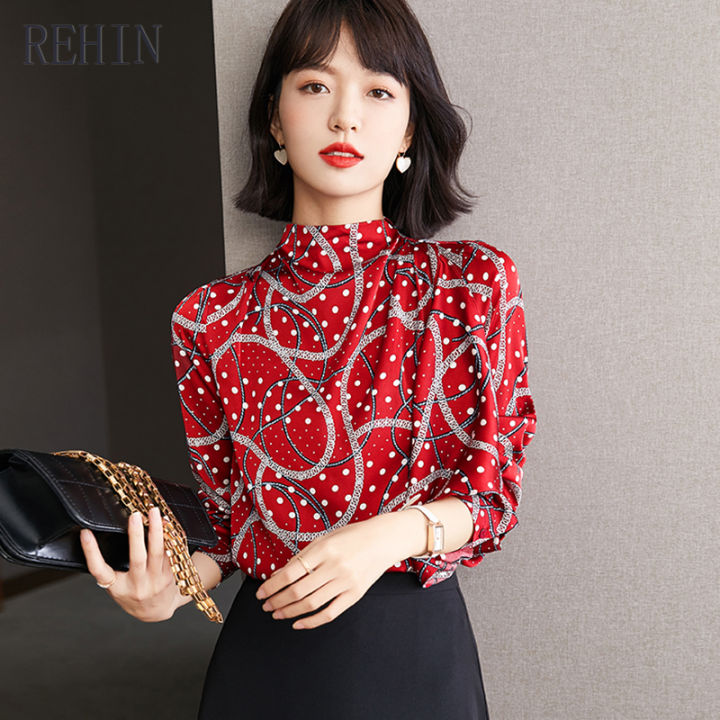 rehin-เสื้อลำลองผู้หญิงแขนยาวมีระบาย-ใหม่พิมพ์ลายผ้าชีฟองคอสูงเสื้อผู้หญิง