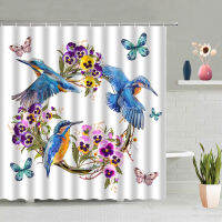 Animals Bird Shower Curtain Sets Flowers Plants Green Leaves Feathers Butterfly Bathtub Decoration Screen Washable With Hooks