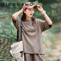 GIORDANO Women T-Shirts Button Henley-Neck Short Sleeve Summer Tshirts Simple Solid Color Loose Comfort Casual Tee 05323456