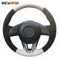 Wcarfun หนังนิ่มสีดำสายหนังแท้พวงมาลัยรถยนต์สำหรับ Mazda CX-5 CX5 Atenza ใหม่2014 Mazda 3 CX-3 2016 Scion Ia 2016