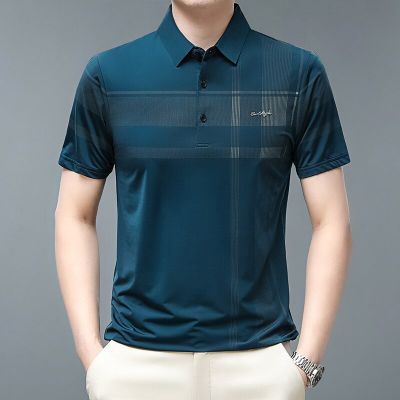 HOT11★BROWON Brand 2023 T Shirt for Men Summer Striped Letter Print Turn Down Collar Golf Men T Shirts Work Thin Business Men Clothing