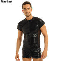 2021TiaoBug Summer Black Mens Patent Leather Short Sleeves Front Zipper One-Piece Swimming Leotard Bodysuit With Mesh Side Swimwear