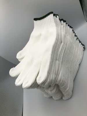 ถุงมือผ้าโพลีสีขาว (7เข็ม)ตรานกยูง มีความยืดใส่สบายฟรีไซด่ นำ้หนัก(700กรัม) (1โหลมี12คู่)