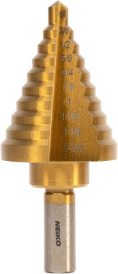 Neiko 10194A Titanium Step Drill Bit, High Speed Steel | 1/4 to 1-3/8 | Total 10 Step Sizes … 1/4"-1-3/8"