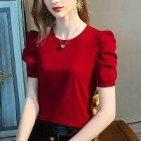 HOT14★2023 Summer Tee Shirt Puff Sleeve O-Neck Cotton Red T-Shirt Women Solid Color Elegant Tshirts Lady Slim Soft Cal Fashion Tops