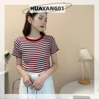 HUAYANG01 [2023 new HOT FASHION] lazlook ฤดูร้อนแขนสั้นลายถักเสื้อยืดผู้หญิงรอบคอ Casual Slim SHORT knit Tops