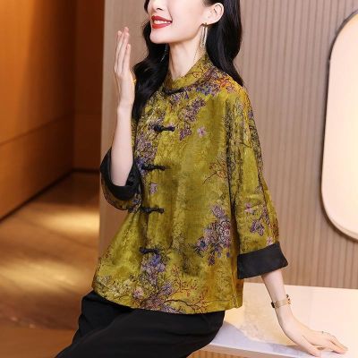 เสื้อสตรีจีนดั้งเดิม2023,เสื้อเบลาส์ชุดกี่เพ้าจีนที่ตั้งสง่างามผ้าแจ็คการ์ดสีเขียวใส่ได้ทุกวัน