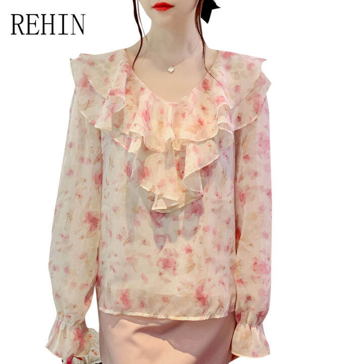 rehin-เสื้อเชิ้ตผู้หญิงแขนกระดิ่งคอวีแต่งระบายลายดอกไม้-เสื้อแขนยาวแฟชั่นใหม่ฤดูใบไม้ผลิ