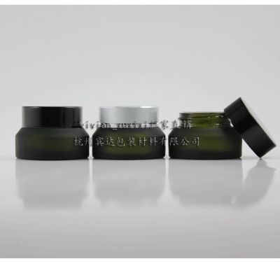 30pcs wholesale 15g olive green frost glass cream jar with black or silver aluminum lid empty glass 15 g cosmetic sample jar