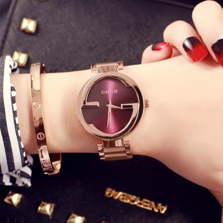guou-แบรนด์แฟชั่นที่ไม่ซ้ำกันของผู้หญิงหรูหราทองคำสีกุหลาบเหล็กควอตซ์นาฬิกาข้อมือ-relogio-feminino-หรูหราของผู้หญิงสุภาพสตรีชุดนาฬิกาชั่วโมง