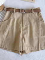 FTLZZ New Spring Summer Women Casual High Waist Shorts with Belt Lady Fashion Solid Color Straight Wide Leg Shorts