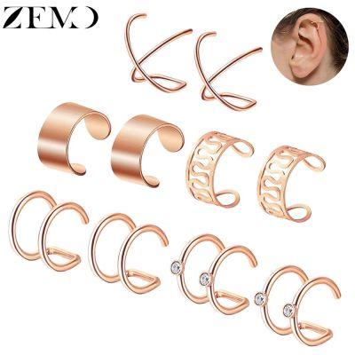【YF】 ZEMO 5 pairs/Lot Rose Gold Clip Earrings for Women Black Color Stainless Steel Cuff Female Fake Piercing Jewelry