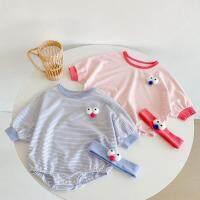 2021 Summer Cotton Toddler Clothes Baby Boy Big Eyes Bat Sleeve Striped Bodysuit Infant Girl Jumpsuit With Headband