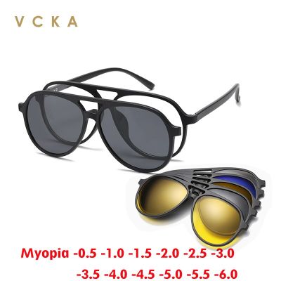 2 VCKA 6 In1แว่นกันแดดนักบินแม่เหล็ก Myopia แว่นกันแดดผู้ชายผู้หญิงแว่นตาใบสั่งเกี่ยวกับสายตาแว่นตาคลาสสิก-0.5ถึง6.0