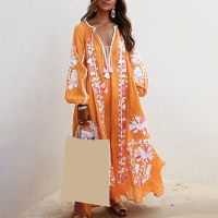 【hot】✓◊✿  Oversized Floral Print Dresses V-neck Sleeve A-line Loose Female Boho Vacation