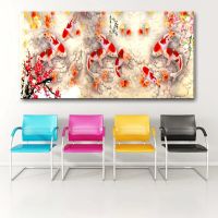 Luyameishop จีนบทคัดย่อ Nine Koi Fish Lotus ภาพวาดสีน้ำมันบนผ้าใบโปสเตอร์ Feng Shui Wall Art รูปภาพสำหรับห้องนั่งเล่นตกแต่งบ้าน