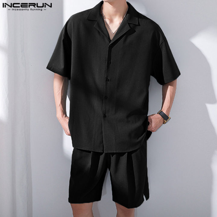 incerun-ชุดสูทลำลองแบบทางการสำหรับผู้ชายเสื้อยืดแขนสั้นกางเกงขาสั้นชุดสำหรับใส่ไปทะเลชุดใส่นอน-สไตล์เกาหลี