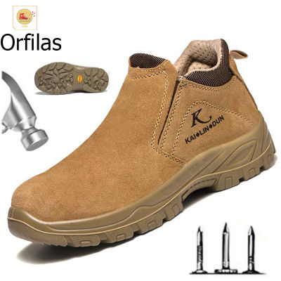 Orfilas 🛺🛺ใหม่รองเท้าประกันแรงงาน, หมวกหัวเหล็กของผู้ชายป้องกันการทุบหนังนิ่มระบายอากาศรองเท้าป้องกันความปลอดภัยกันลื่น