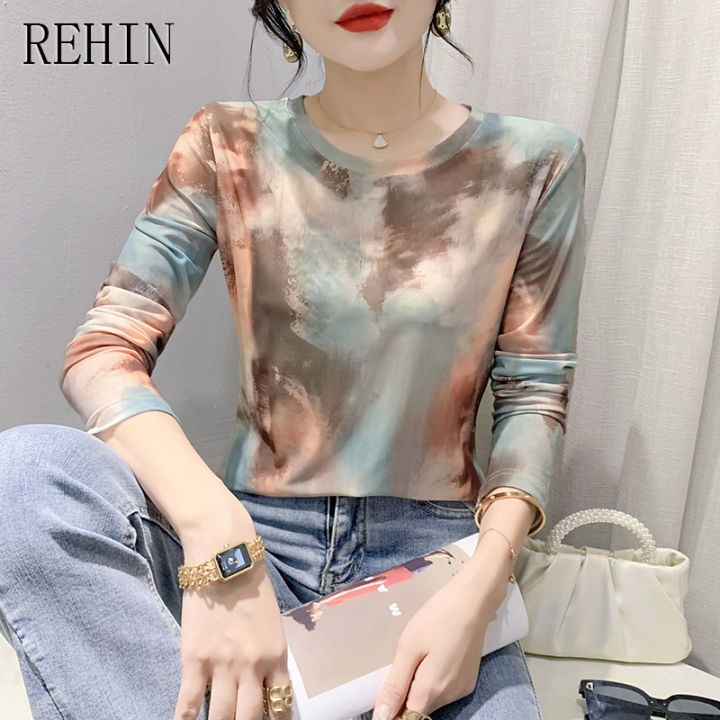 rehin-2023เสื้อของผู้หญิงใหม่บางและแฟชั่นเสื้อชีฟองพิมพ์ลายแขนคอกลมยาวเสื้อเสื้อตามเทรนด์เสื้อผ้าป้องกันแสงแดด