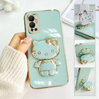 For Infinix Hot 12 Mobile Phone Case Fashion Temperament Plating TPU Advanced Rotary Stand Makeup Mirror Hello Kitty Folding Mirror Stand Net Red New Couple Gift Soft Touch Anti slip Anti fall Protective Case