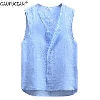 100% ผ้าลินิน Cool Breathable ฤดูร้อนสีทึบ Man Tank Tops Thin Beach Single Breasted Casual Men V คอแขนกุด T เสื้อ Vest