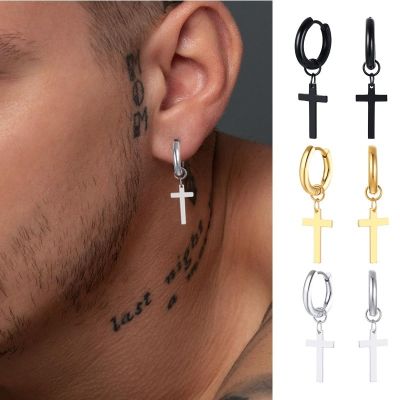 Stainless Steel Earring with Cross Charm for Guys Unisex Jewelry Adhesives Tape