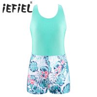 4-14 Years Kids Girls Swimwear Swimsuits Sleeveless Racer Back Cut Out Back Print Short Jumpsuit Bodysuit for Gymnastics Workout