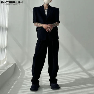 บุรุษ INCERUN เสื้อแขนสั้น + กางเกงขายาว2ชิ้นสูททางการชุดลำลองเรียบ (สไตล์เกาหลี)