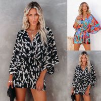 Summer new fashion printing accept waist to show lace-up back jumpsuits women dress