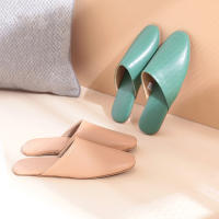 Chic Home Women Leather Slippers Comfortable Luxury Cow Leather Bedroom Shoes Floor Non-slip Mute Ladies Slides