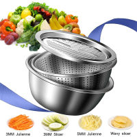 2021LMETJMA 3 in 1 Vegetable Slicer Cutter Drain Basket Stainless Steel Vegetable Julienne Grater Salad Maker Bowl KC0410