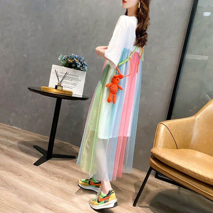 yf-2023-women-summer-rainbow-color-mesh-patchwork-sweet-casual-dresses-korean-style-o-neck-short-sleeve-loose-streetwear-midi-dress