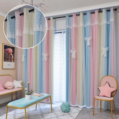 【HOT】☃✵ MIDSUM Bedroom Curtains Tulle Layer Drapes Hollow Star Decoration Window Pink Gradient Curtain Room
