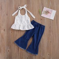 [COD] Childrens summer 2021 new childrens solid halter neck tie lace flared jeans girls suit wholesale