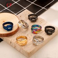 [COD] punk design strap buckle stainless steel ring personality geometric square double hollow