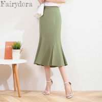 2022 Spring Green Mermaid Skirt High Waist Skirt Office Lady Solid Acetate Satin Ruffles Skirts Side Slit Back Zipper