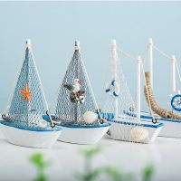 1pc Mini Mediterranean Style Marine Nautical Wooden Blue Sailing Boat Ship Wood Crafts Ornaments Party Room Home Decoration