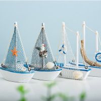 Mediterranean Style Marine Nautical Wooden Blue Sailing Boat Ship Wood Crafts Mini Boat Ornaments Party Room Home Decoration