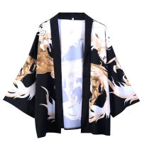 เสื้อเชิ้ตแขนสามส่วนลำลองทรงหลวมพิมพ์ลายมังกรเสื้อคาร์ดิแกน Kimono ญี่ปุ่นเสื้อลำลองฤดูร้อน