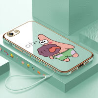 เคสสำหรับ OPPO A59 F1S (ฟรีสายคล้อง) การ์ตูนปลาดาวแพททริกลายขอบสี่เหลี่ยมเคสโทรศัพท์ชุบเคลือบหรูหราชุบเคสโทรศัพท์นิ่ม