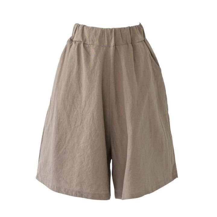 2023-summer-cotton-linen-shorts-women-large-size-cotton-linen-short-pants-high-waist-elastic-waist-knee-length-pockets-shorts