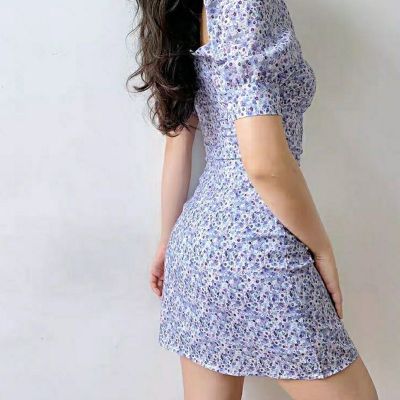 Women Chiffon Floral Dress French style Classical Bubble Sleeves Bodycon Dress