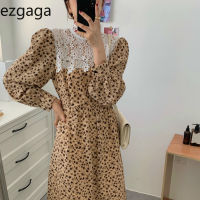 Ezgaga Dress Women Vintage Long Sleeve Korean Lace Stand Collar Lace Patchwork Floral Printed High Waist Elegant Dress Vestidos