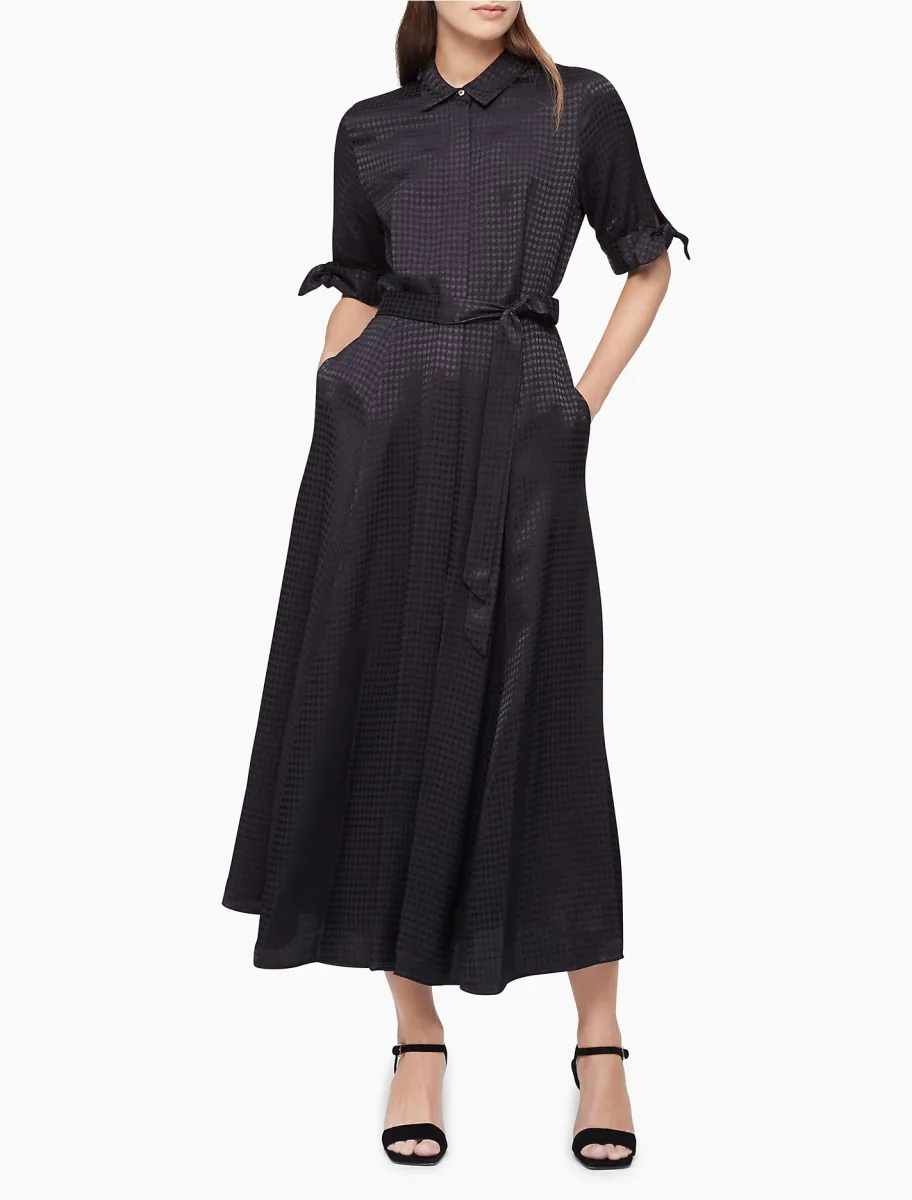 Đầm Nữ Calvin Klein Houndstooth Tie Sleeve Belted Maxi Shirt Dress Black |  