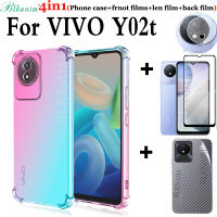 BLKNAIM 4IN 1เคสโทรศัพท์สำหรับ VIVO Y02t/VIVO Y02A ไล่ระดับ Y02สี่มุมเคสโทรศัพท์ TPU ป้องกันการตก + ฟิล์มป้องกันกระจกนิรภัยแบบเต็มจอภาพ + ฟิล์มหลังคาร์บอนไฟเบอร์ + ฟิล์มป้องกันเลนส์กล้องถ่ายรูป